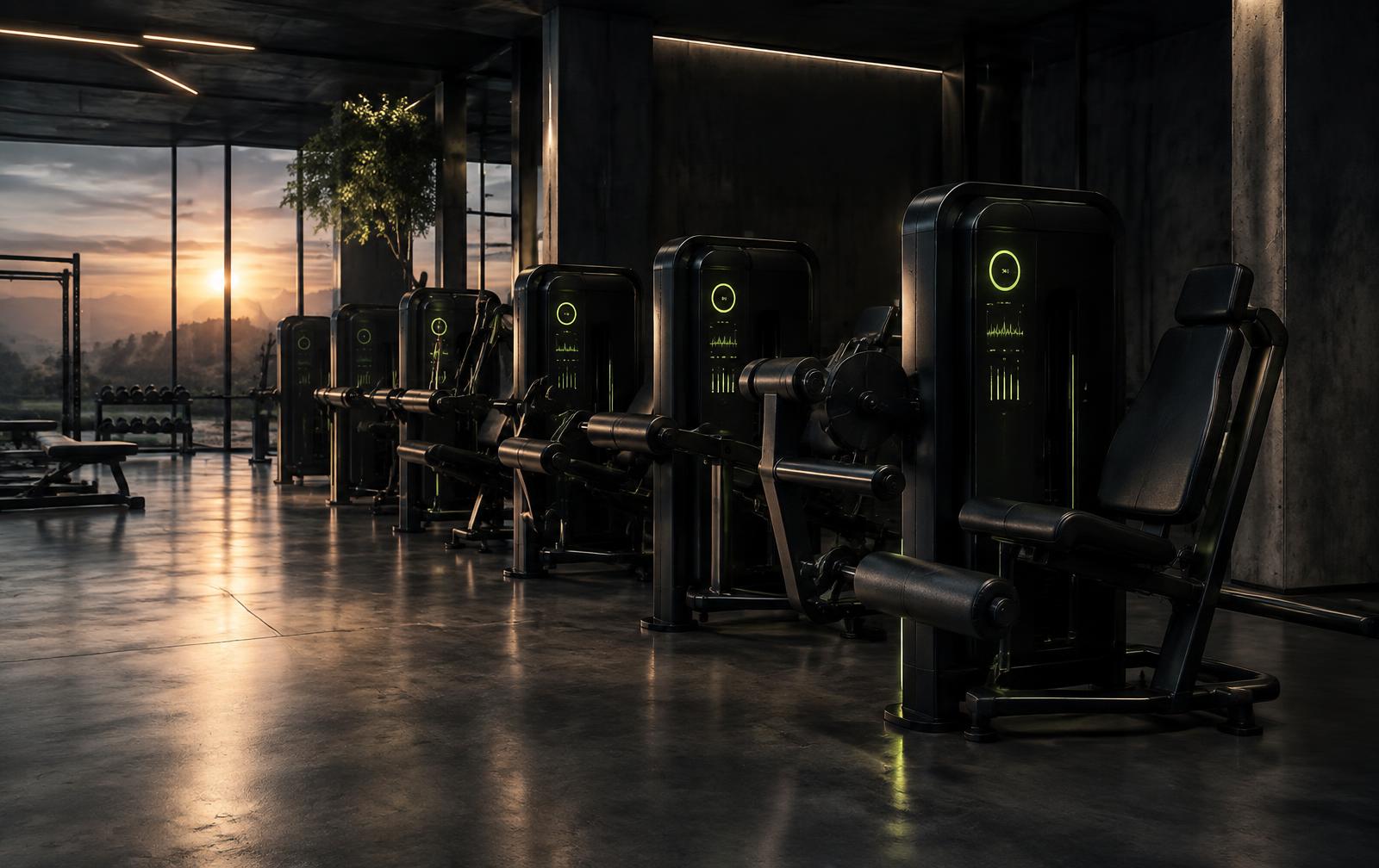Connected strength machines with digital displays in a dark gym